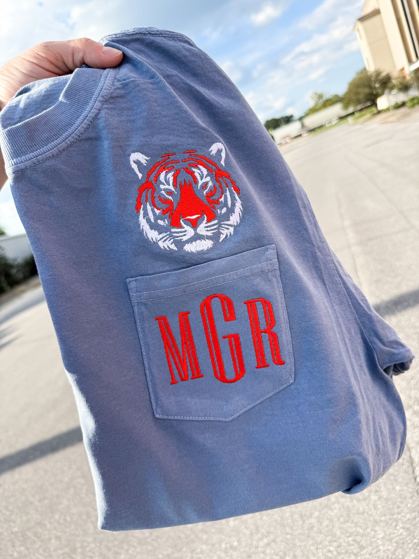 Bama and Auburn pocket monogram tees