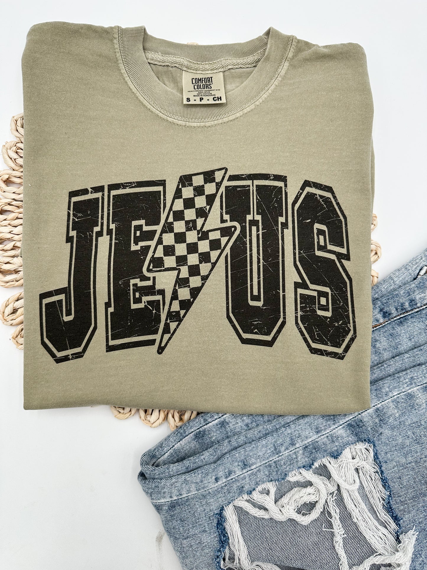 Jesus Lightening Bolt (direct to garment printed on Comfort colors tee)