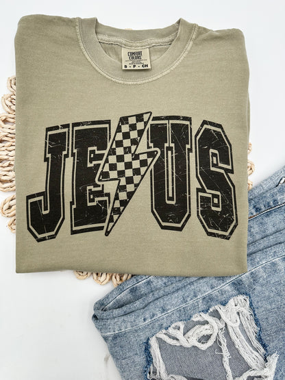Jesus Lightening Bolt (direct to garment printed on Comfort colors tee)