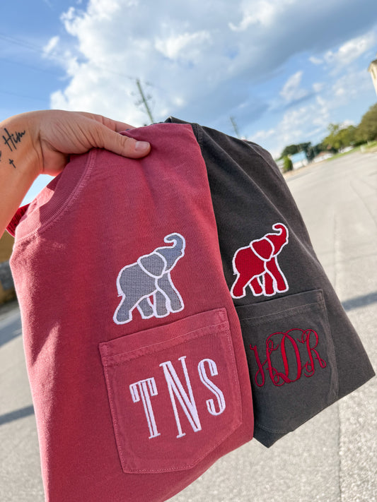 Bama and Auburn pocket monogram tees